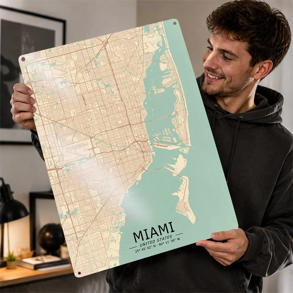 Miami Map Textured Poster Customized Metal Tin Sign Vintage Geographic Linework Wall Art Perfect For Entryways Or Home Offices