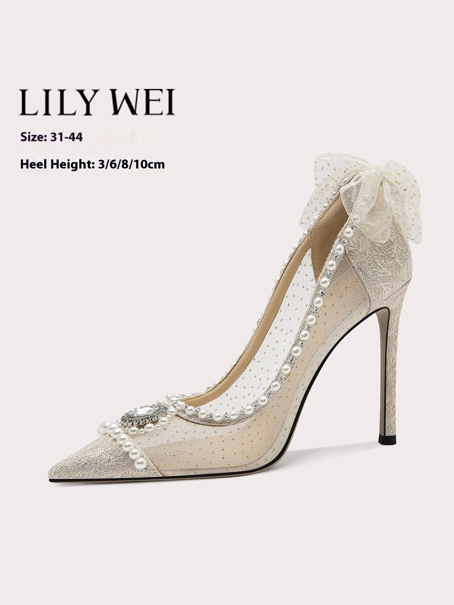 

Spring and summer new lace mesh bow pearl rhinestone wedding shoes high-heeled banquet large size small size women's shoes