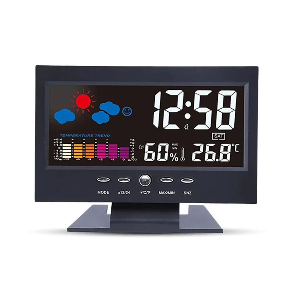 LCD الإضاءة الخلفية الرقمية غفوة المنبه ، محطة توقعات الطقس ، درجة الحرارة الداخلية ، وقت الرطوبة ، عرض التاريخ #4