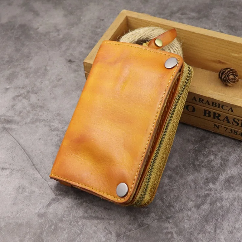 Top Grain Vegetable Tanned Leather Wallet for Men, Premium Vintage Washed 3-in-1 Purse, High-Quality Card & Key Organizer Wallet