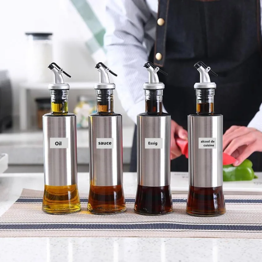 Stainless Steel Oil Bottle No-drip Bottles Soy Cruet Sauce Vinegar Condiment Dispenser Sturdy Seasoning Jars Kitchen Accessories
