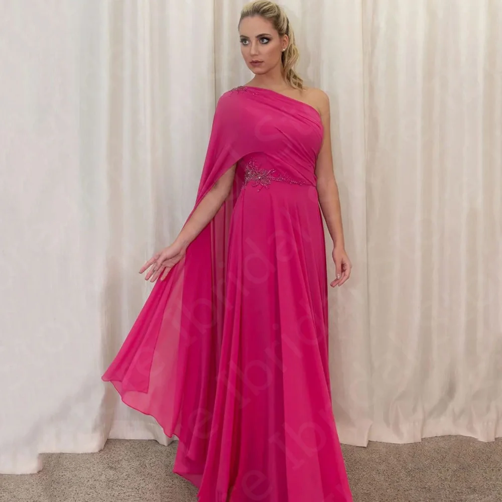 

Charming Pink Mother of the Bride Dresses Arabic Boho Mother Gowns 2024 One Shoulder Beading Wedding Party Dresses Beach Chiffon