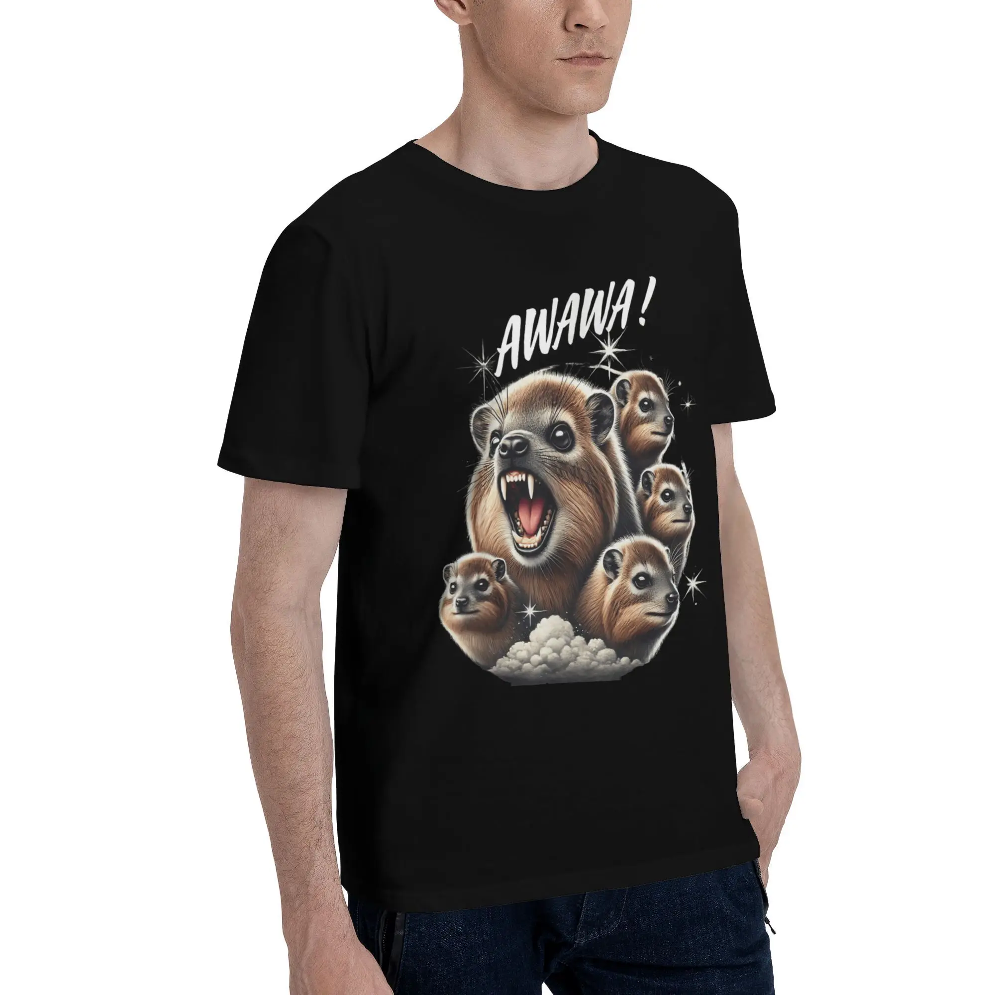 Vintage Hyrax Meme T-Shirts for Men Animal Angry screaming Hyrax Meme Round Collar Cotton T Shirt  Short Sleeve Tee Shirt Tops