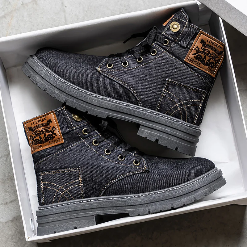 Retro Wide Width Denim High-cut Men Boots Lace Up Anti-slip Thick Sole, Ideal for Daily Wear and Casual Outdoor Hangouts