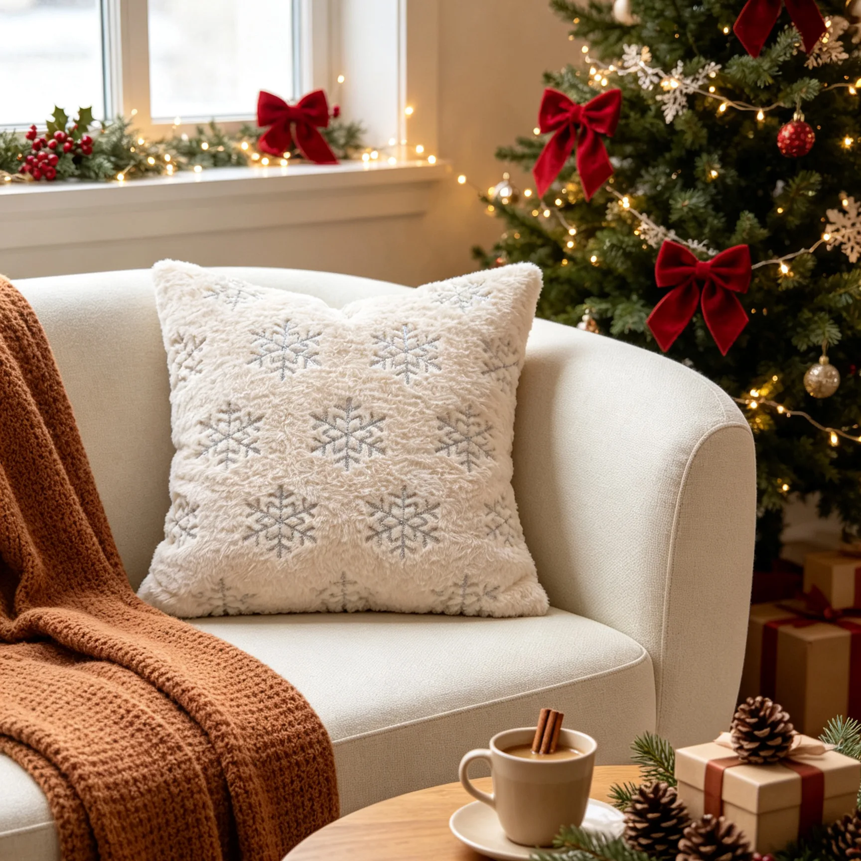 Weihnachtlicher Schneeflocken-Plüsch-Kissenbezug, Sofakissenbezug für Wohnzimmer, festliche Atmosphäre, dekorative Kissenbezüge – Detail 4