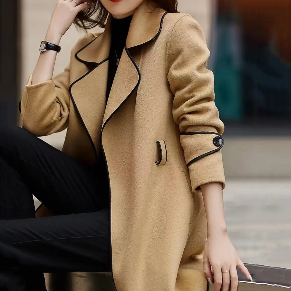 Stylish Super Soft Contrast Color Autumn Winter Suit Collar Open Stitch Woolen Coat Women Woolen Coat Streetwear