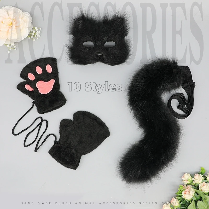 3 pz/set Mezza Faccia Orca Coda di Gatto Animale Peluche Unisex Coda Pelosa Guanti di Halloween Artigli di Gatto Zampe Finte Guanto Fursuit Coda di Volpe