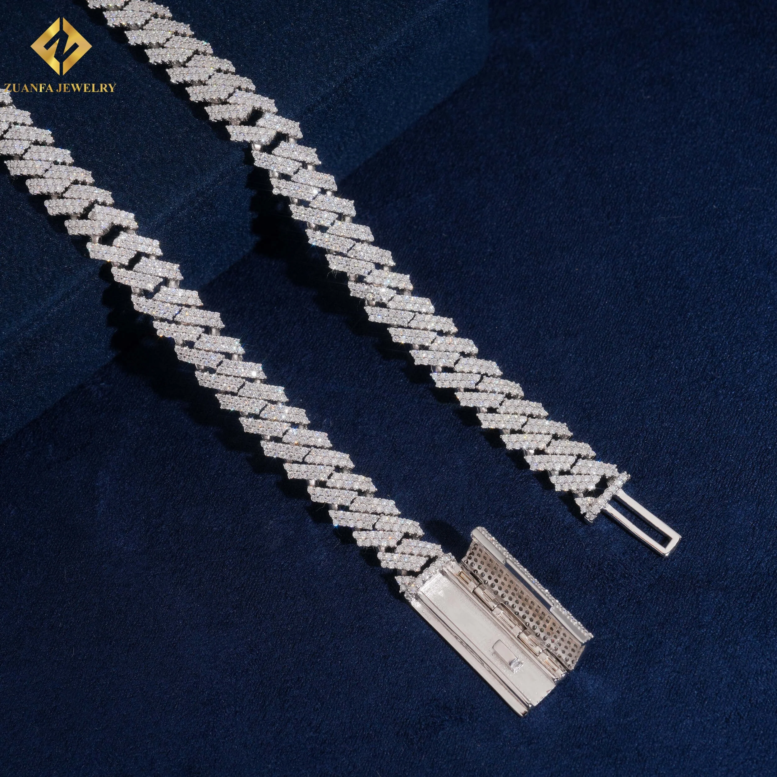 JEWELRY ZUANFA Men's Rhodium Plated 925 Silver Moissanite Blade Chain Necklace Geometric Baguette Cut Luxury Hip Hop Style..