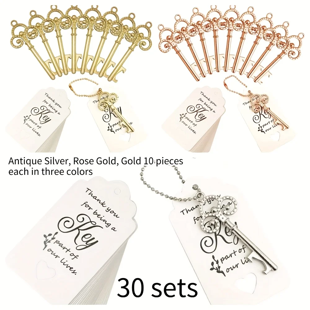 30 Sets Vintage Crown Key Bottle Opener Gift Set - Silver, Rose Golden & Golden Trio with Chain & Heartfelt Card