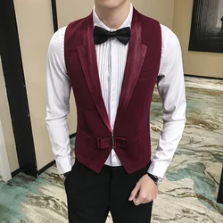 2023 Autumn Mens Vest Bow Decoration Waistcoat Prom Party Disco Waiter Clothes Casual Slim Dress Vest Men Tuxedo Gilet Homme