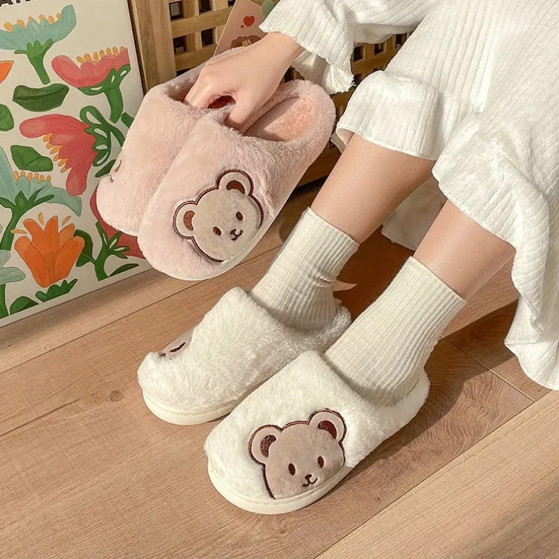 Home Slipper Womens Teddy Bear flip flops Winter Warm Cartoon Kawaii Plush Indoor House Shoes Flat Funny Fuzzy Female slides