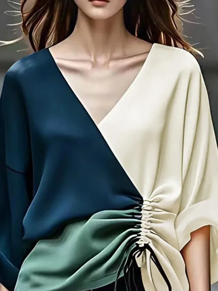 BabYoung Fall Blouses For Women 2025 Fashion V-Neck Drawstring New Contrast Color Loose Long Sleeves Elegant Shirts Tops