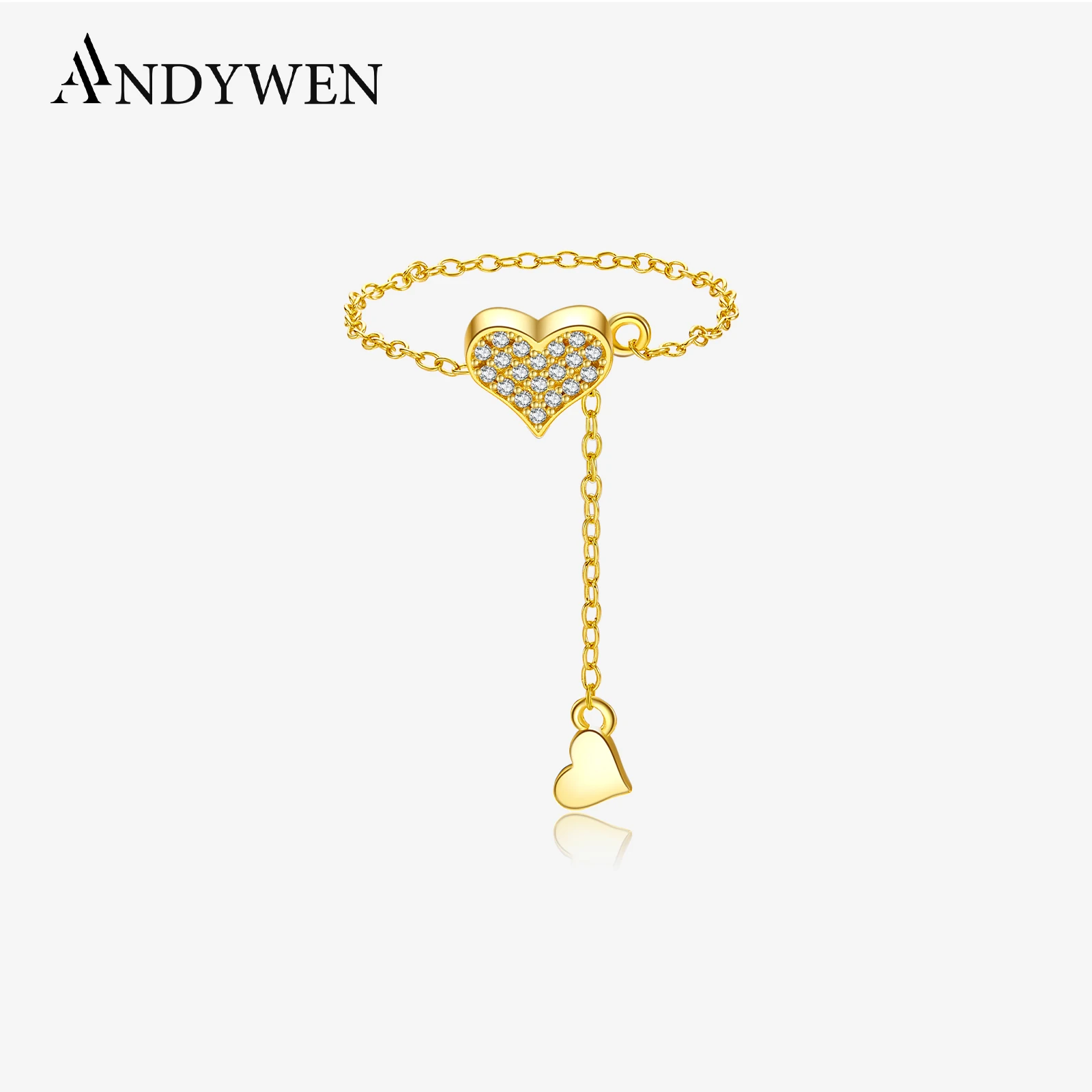 ANDYWEN 925 Silver Adjustable Flexible Fix Pulling Heart Chain Rings Transformer With Rubber Stopper Wedding Party Fine Jewelry