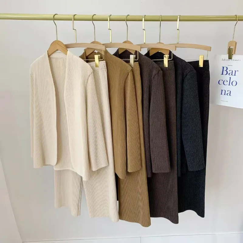 

Miyake Pleated Pants Suit Women 2026 New Long Sleeve Cardigan Jacket Casual Suit Simple Straight Pants Commuter Women's Clothing