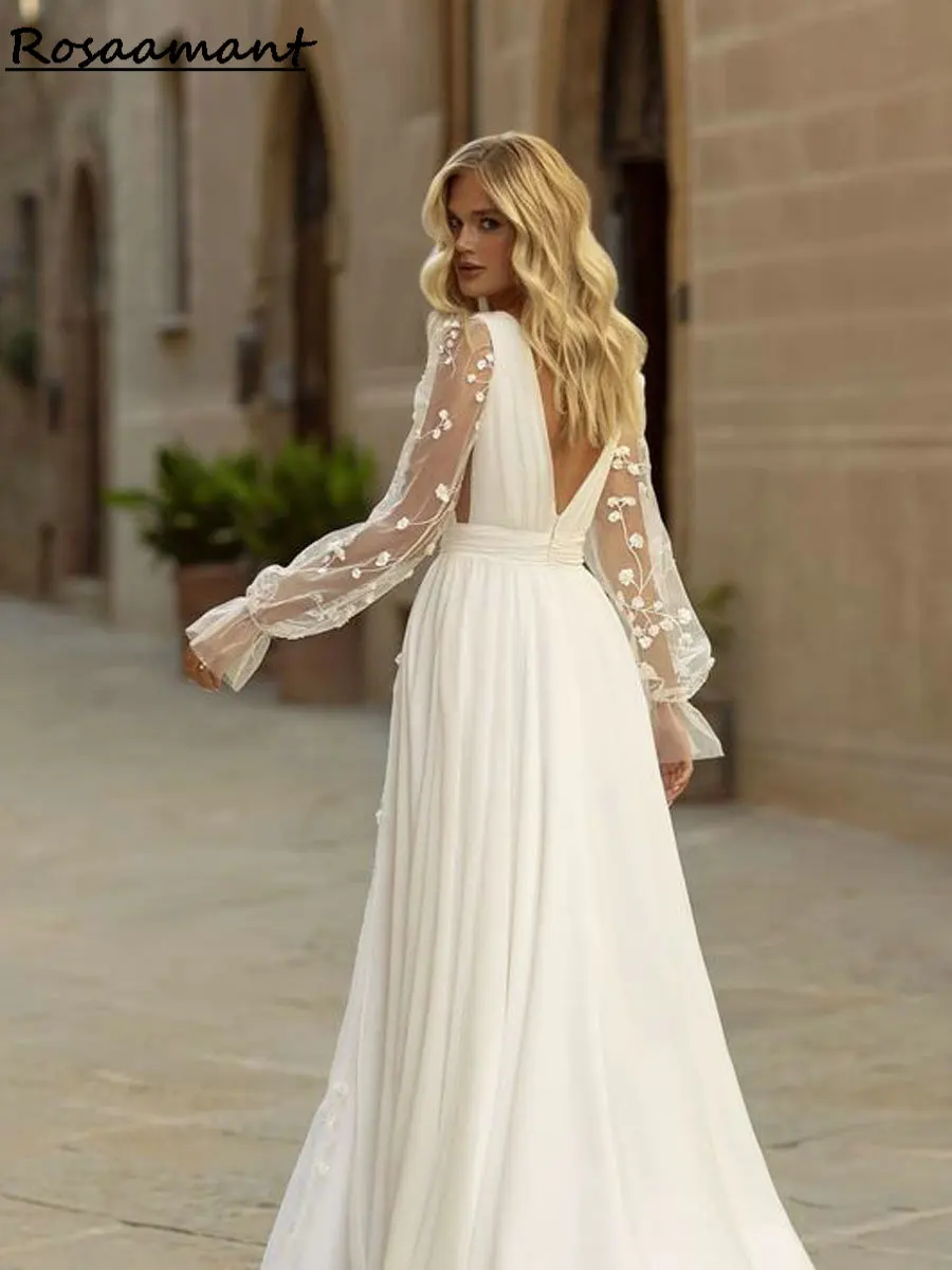 Vintage Chiffon V-Neck Open Back A-Line Wedding Dresses Long Sleeve Appliques Lace Pleat Customized Country Bridal Gowns