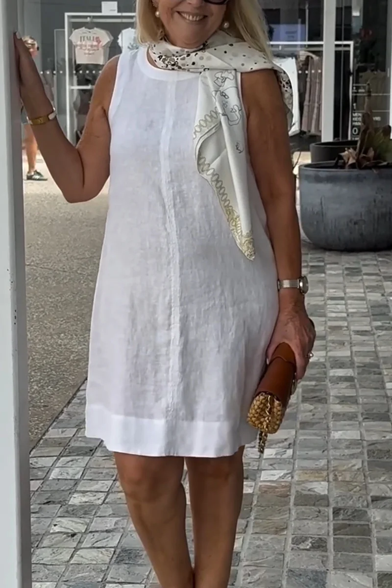 

Women Comfortable Cotton Linen Solid Color Dresses Elegant O Neck Dress Summer Casual Commuter High Waist Sleevesless Gown 2025