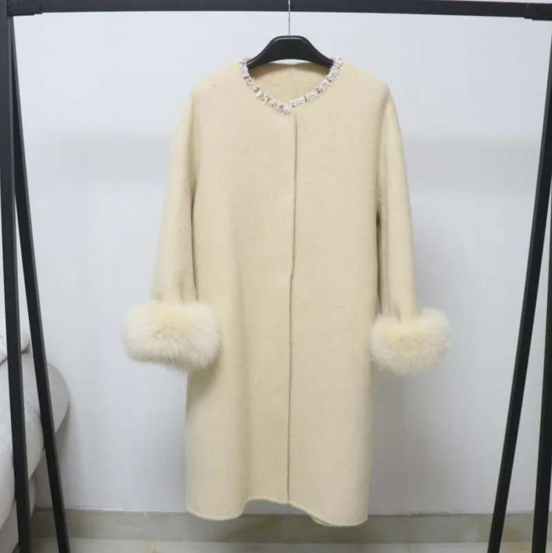 

Women's Autumn Winter Beading O Neck Long Sleeve With Removable Fox Fur Cuffs Wool Loose Coat Lady Wool Solid Color Outwear