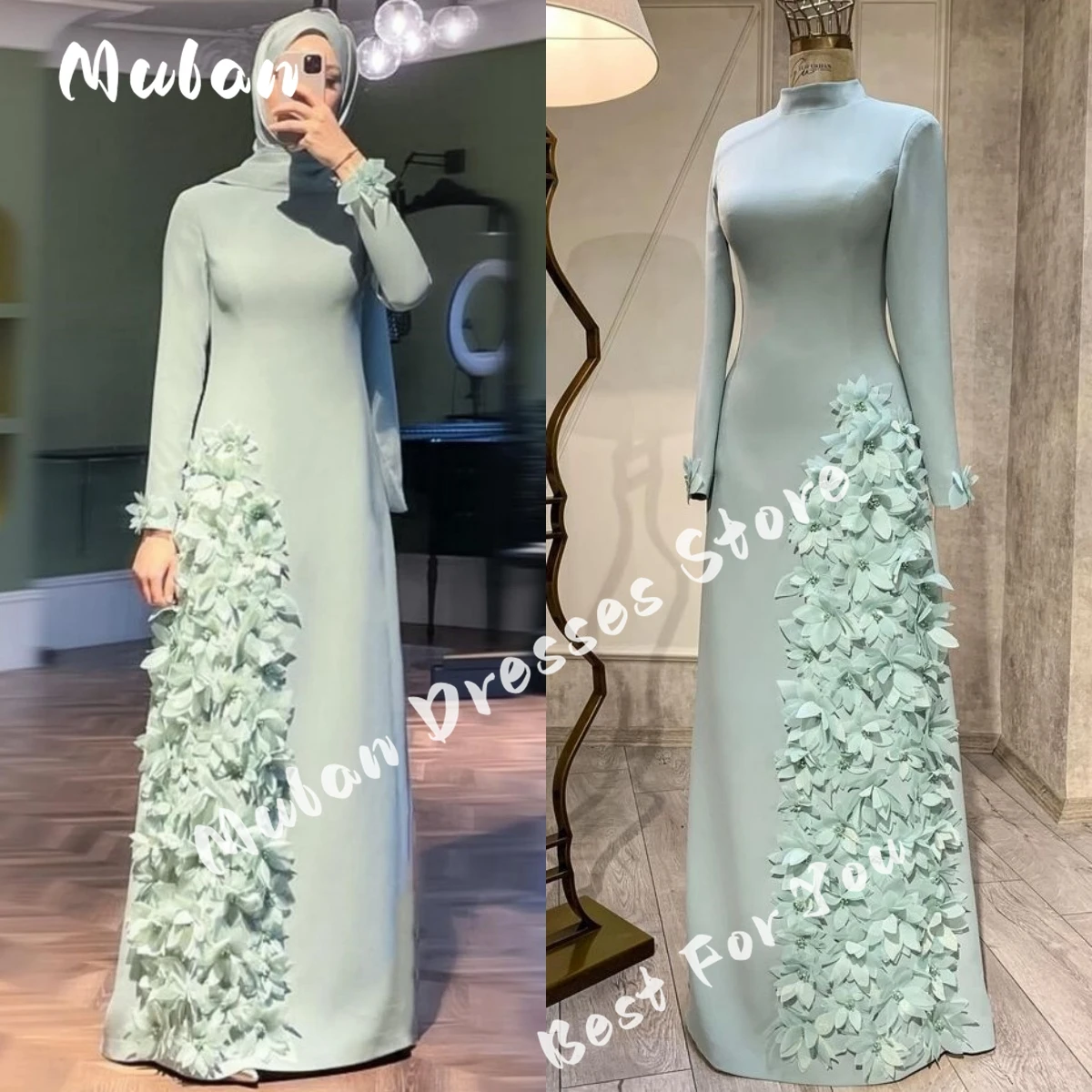 High Collar Long Sleeves Prom Dress 3D Flower Beaded Evening Dress 2024 Elegant Women Wedding Party Formal Gowns