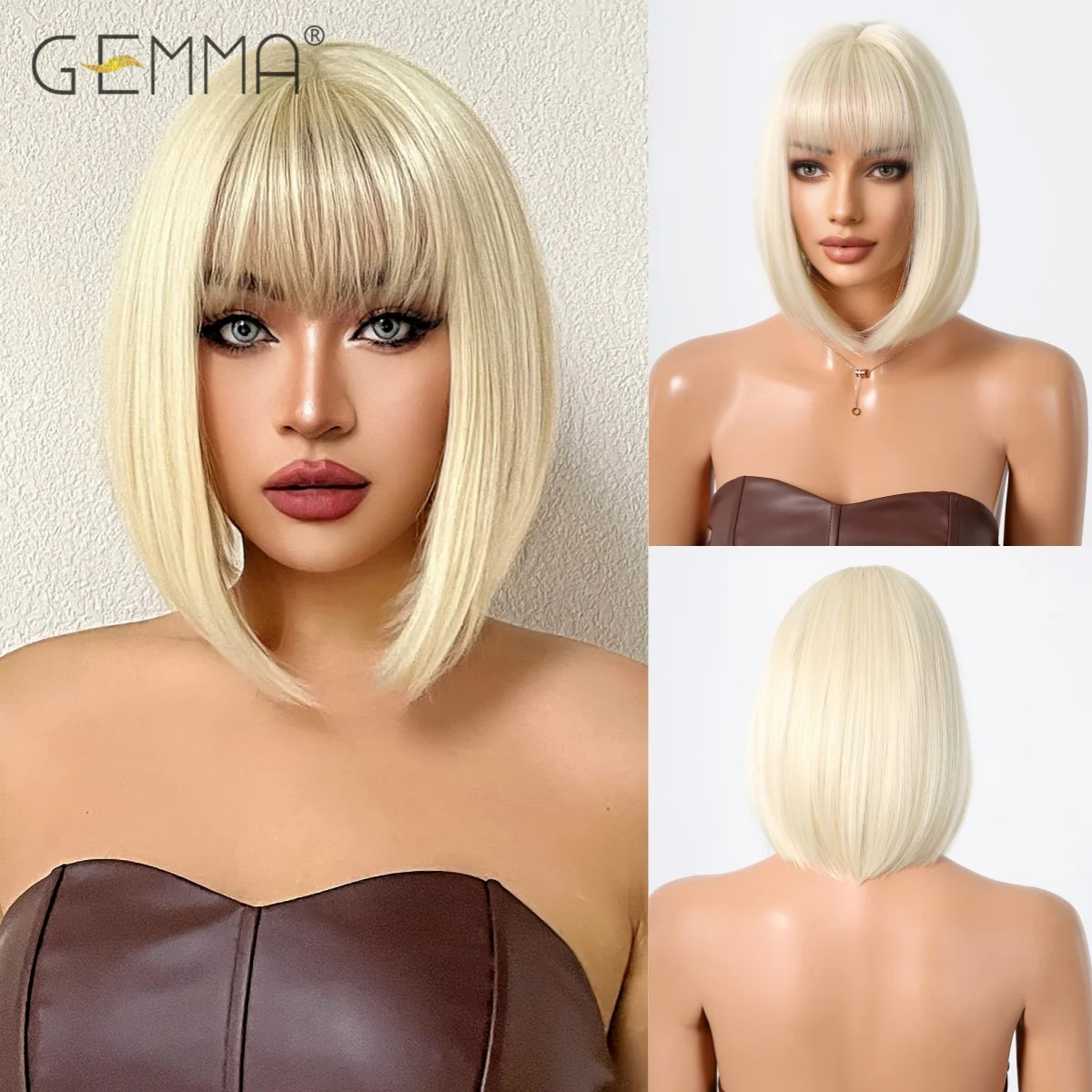 Peluca Bob corta rubia platino con flequillo para mujer, pelucas sintéticas rectas de Cosplay, resistentes al calor, peluca de cabello Natural diario para fiesta