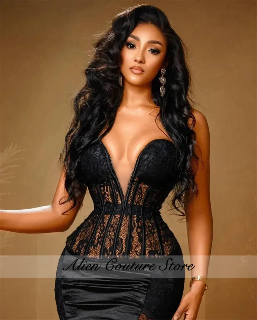 Elegant Black Lace Mermaid Evening Dress 2024 Lace Sweetheart Corset Bridemaid Gown Birthday Dresses Luxury Prom Veatidos