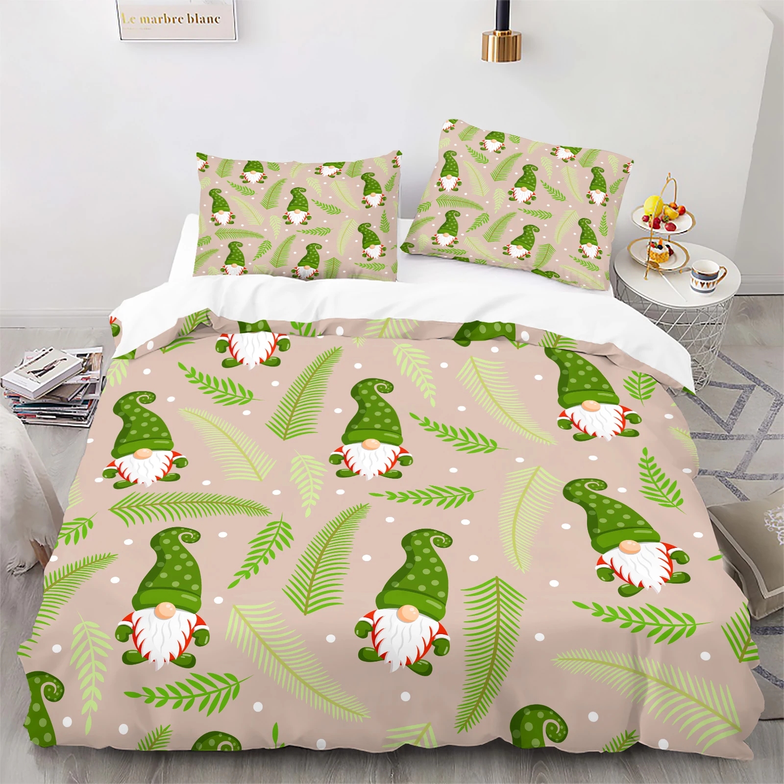 2/3Pcs Green Gnome & Fern Duvet Cover Set, Nature Print, Festive Holiday Bedding, No Duvet Insert