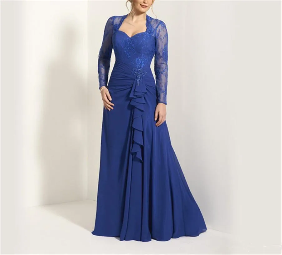 

Blue Mother Of The Bride Dresses A-line Long Sleeves Chiffon Lace Plus Size Long Groom Mother Dresses For Wedding