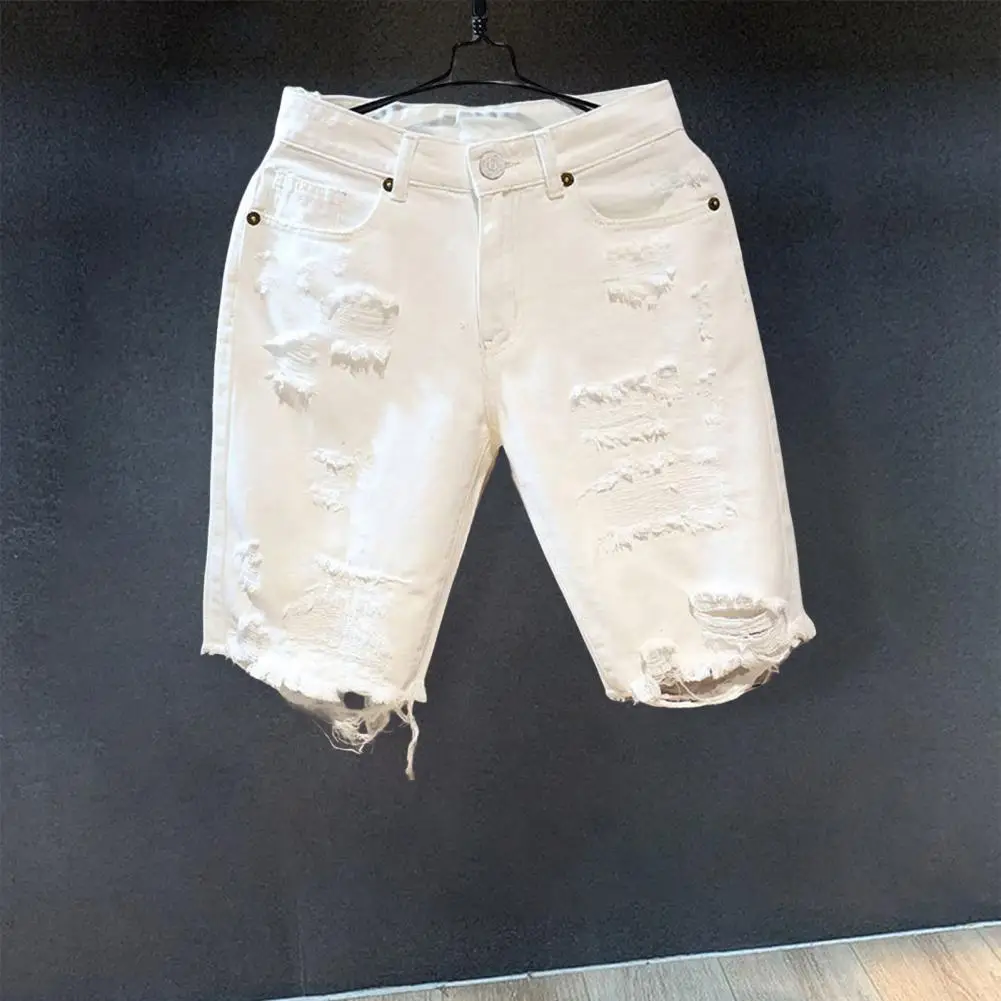 Summer Short Pants Hip Hop Button Zipper Closure Men Summer Short Jeans Ripped Hole Cotton Men Summer Shorts Men Clothes