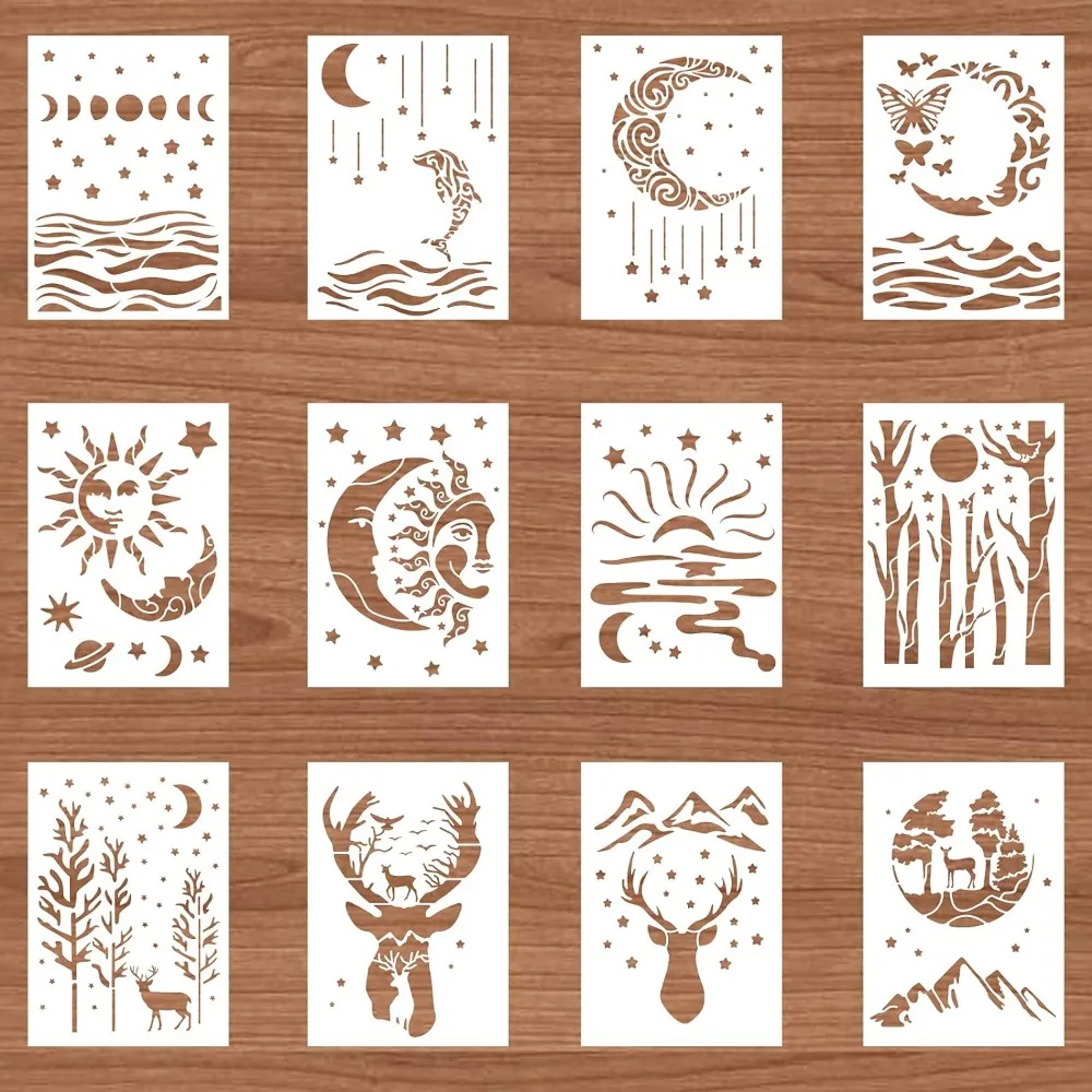 12 Stuks 8X12 Inch Bergen Rivieren Bomen Patroon Sjabloon Stencil Maan Ster Elanden Schilderij Stencil Voor Kunst Ambacht Schilderij Scrabook