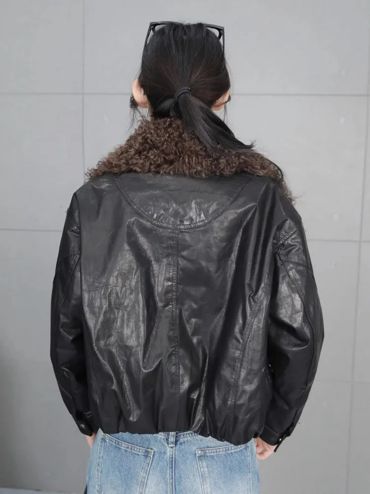 Loose Womens Genuine Leather Short Goose Down Jacket Winter Warm Ladies Oil Wax Cowhide Jackets Wool Collar Motorcycle Coats