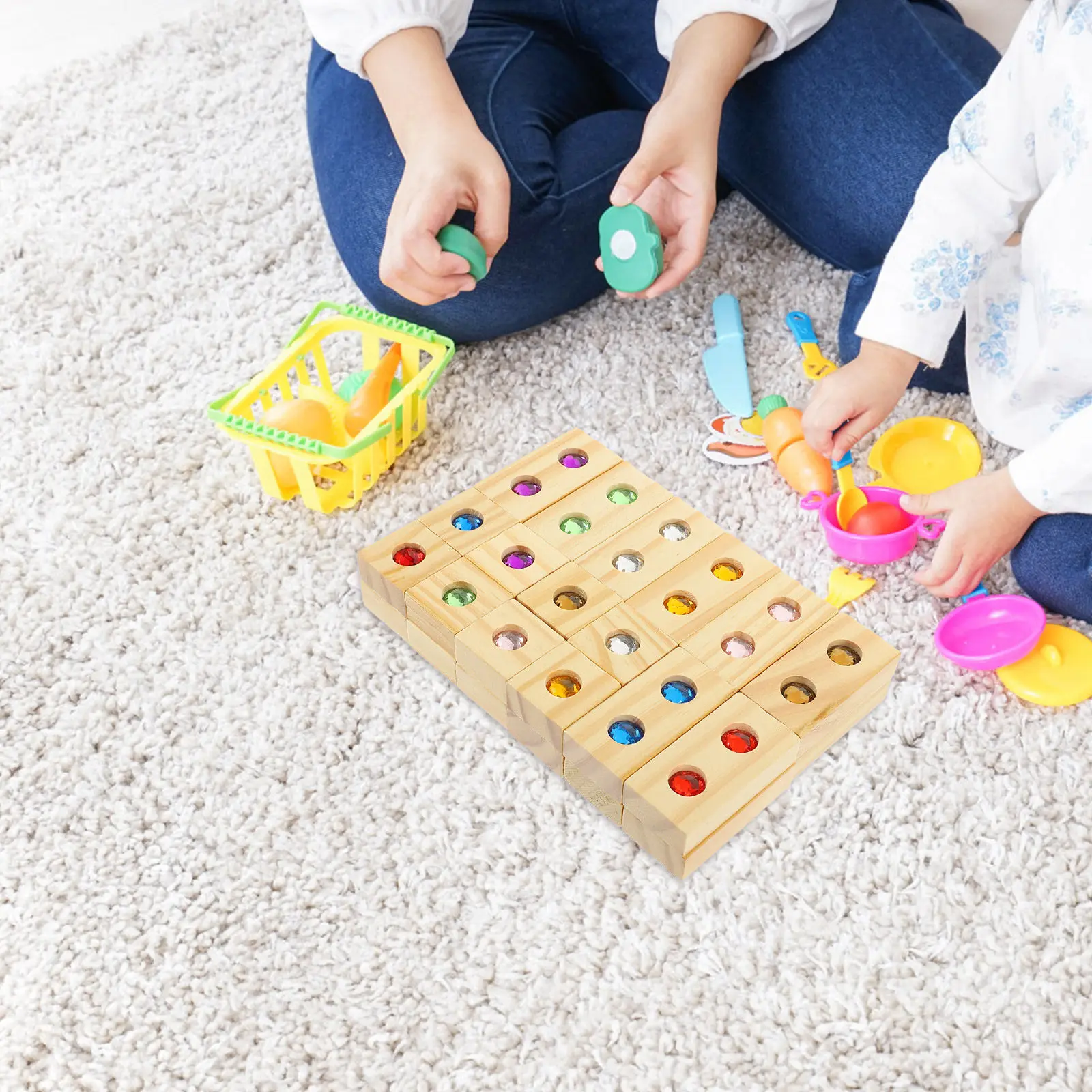 

1Set Wooden Gemstone Inlaid Stacking Blocks Educational Play Creative Cognitive Early Learning Kids Cube Building Set