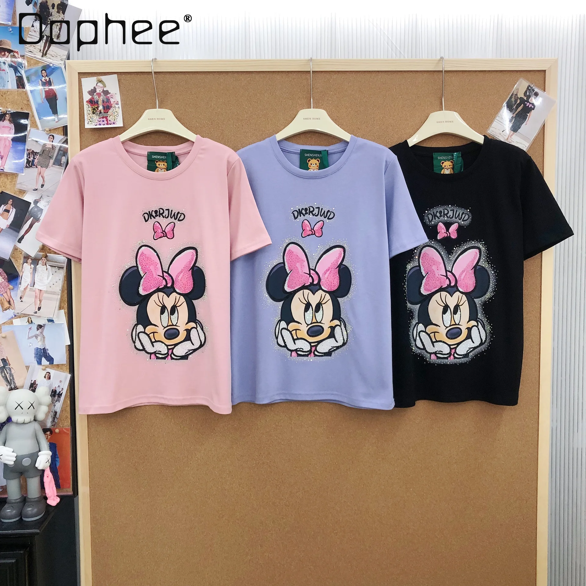 

Fashion Trend Cartoon Rhinestone Print Loose Cotton Round Neck Short Sleeve T-Shirt for Women 2026 Spring Summer New Tee