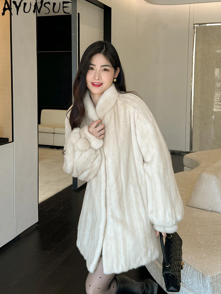 AYUNSUE Natural Mink Fur Coat Woman 2025 Winter Mid Length Elegant Real Fur Jackets for Woman Clothing High Quality Шуба Женская