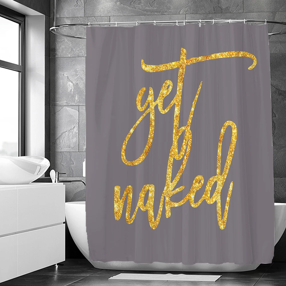 Get Naked Pattern Bathroom Curtain Set Golden Gray Print Shower Curtains Bath Mats Pedestal Rugs Toilet Cover Non-slip Carpet