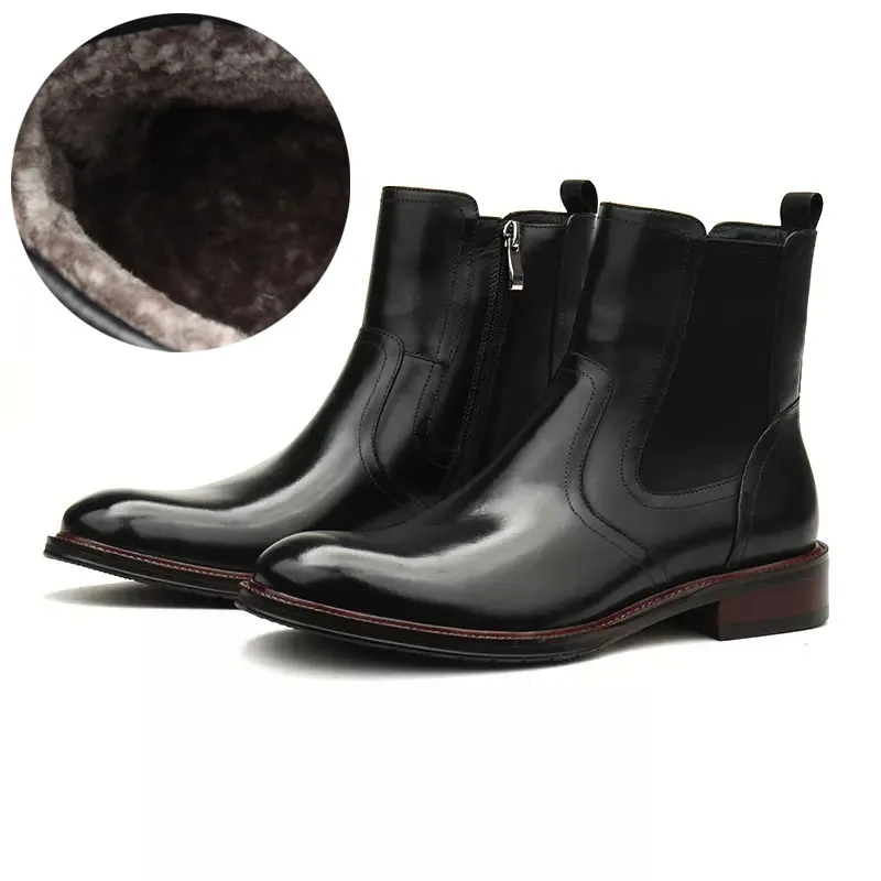 Fashion Chelsea Boots Men Winter Shoes Genuine Leather Black Brown Warm Mens Ankle Boots Round Head Ipper Luxury Man Dress Boots