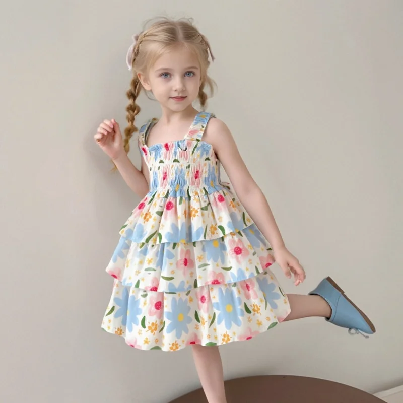 

New Summer Dress for Girls, Stylish Floral Print Strap Dress, Fashionable Cake Print Cute Beach Dress for Baby Girls