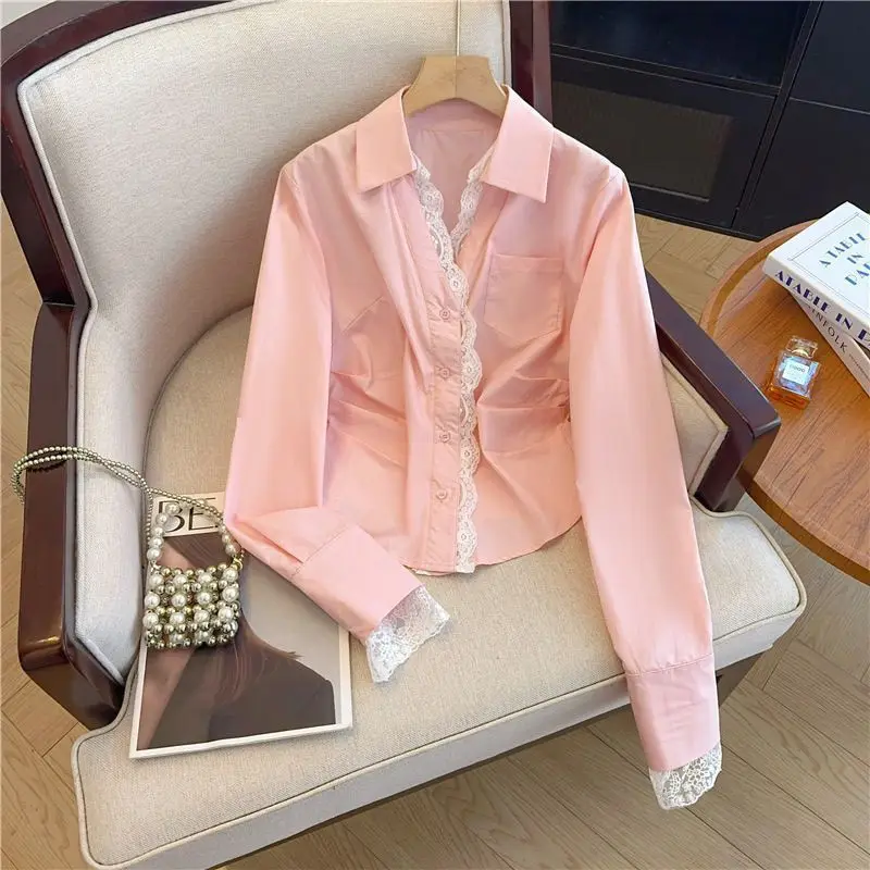 

Женские весенне-осенние модные кружевные лоскутные рубашки с воротником-поло и длинными рукавами, женские простые офисные женские универсальные повседневные топы