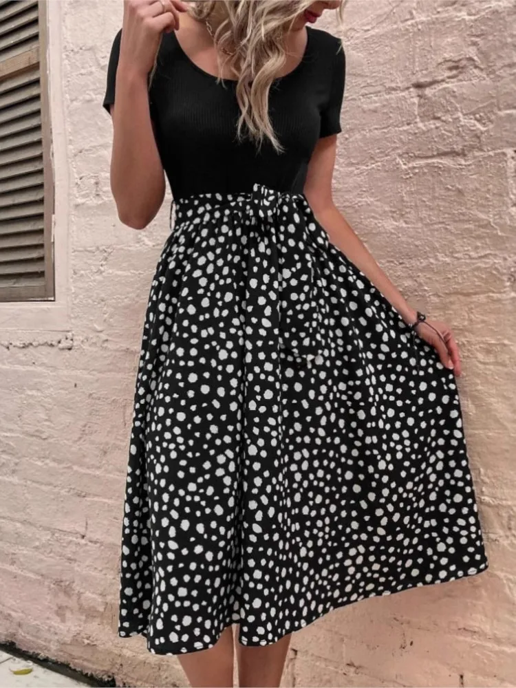 Dresses 2025 Woman New Style Printed T-shirt A-line Dress Solid Color Slim Vestidos All-match Simple Style Commuting Polka Dots