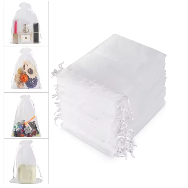50 pçs cordão amarrado abertura jóias armazenamento saco de organza transparente cosméticos saco de presente de doces de casamento 7x9cm 9x12cm