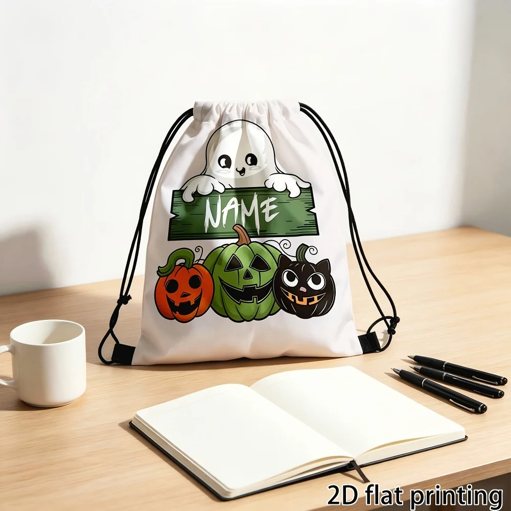 1Pc Custom Text/Name Halloween Drawstring Backpack, Horror Pumpkin Design Gift Storage Bag, Suitable for Parties And Events