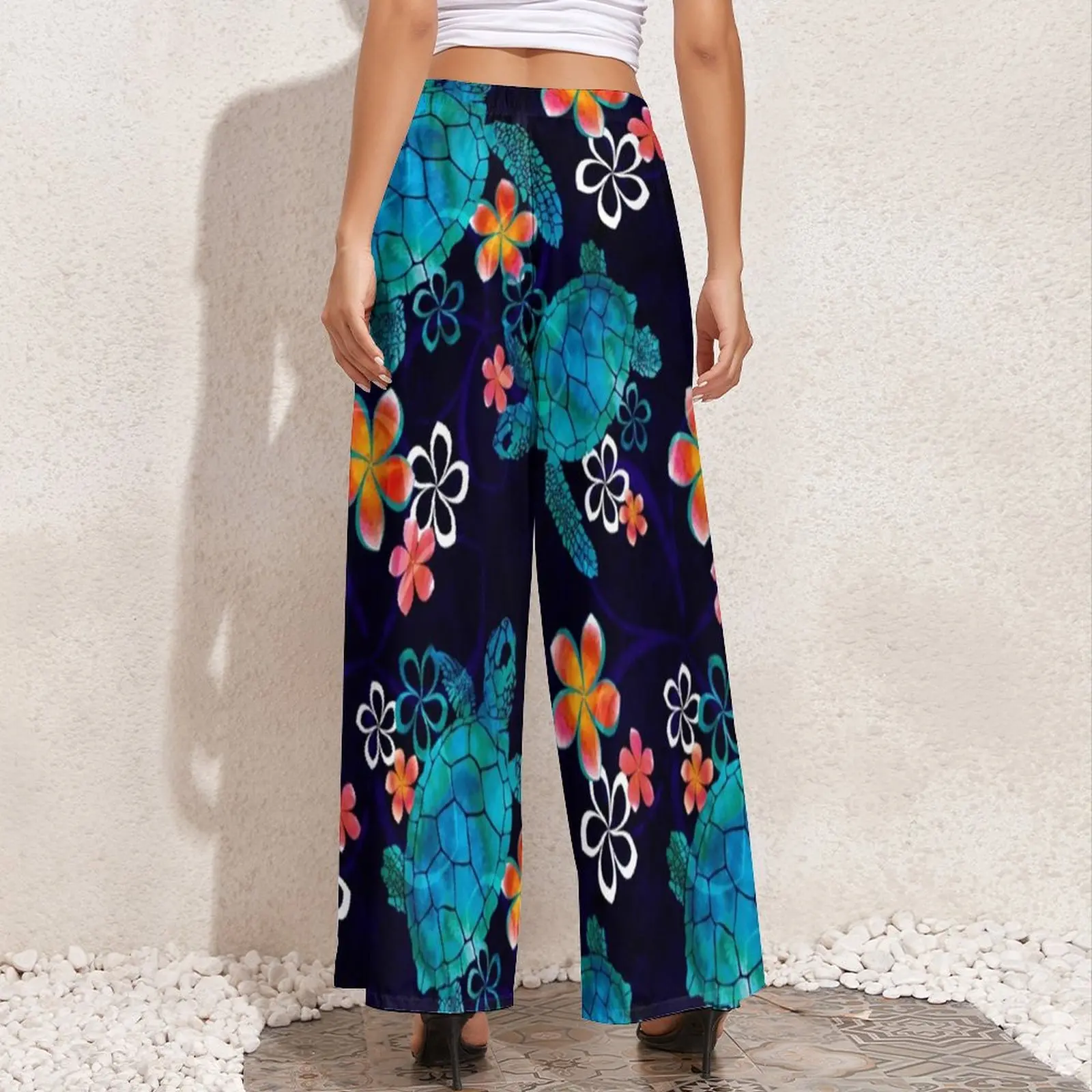 Beach Pirnt Straight Pants Sea Turtle with Flowers Office Wide Pants Woman Big Size Street Fashion Custom Trousers