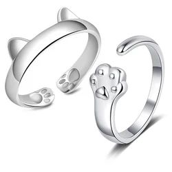NEW European S925 Sterling Smooth Silver Cat Paw Print Couple Ring Adjustable For Women Men Birthday Party Wedding Gift Jewelry