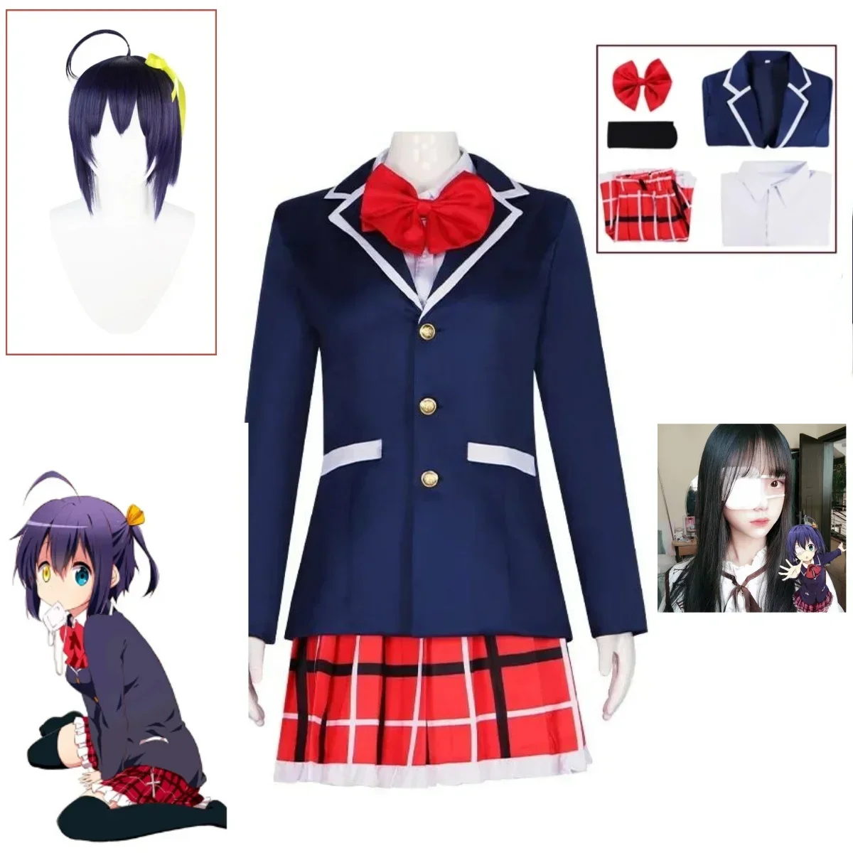 Disfraz de Cosplay de Anime Takanashi Rikka, pelucas de amor Chunibyo, otras delisiones Dekomori, falda de mujer, uniforme Jk, traje azul/negro