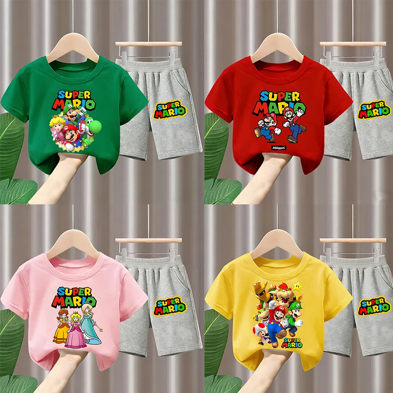 

Super Marios Girl Boy T-shirt Clothes Set Kid Summer Short Tees 2pcs Baby Summer Tops +Shorts Set Sport Tracksuit Summer Outfits