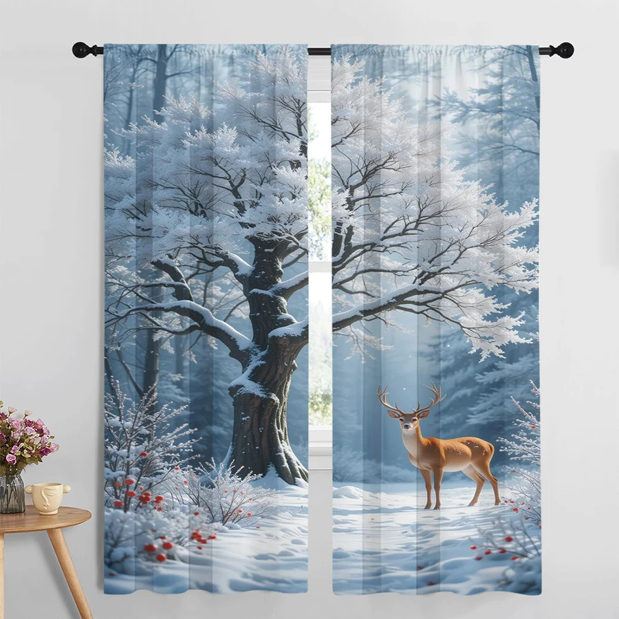 2PCS Christmas Winter Curtains, Snowy Forest Deer Red Berry, Digital Print, Bedroom Living Room, Home Decor Window Drapes