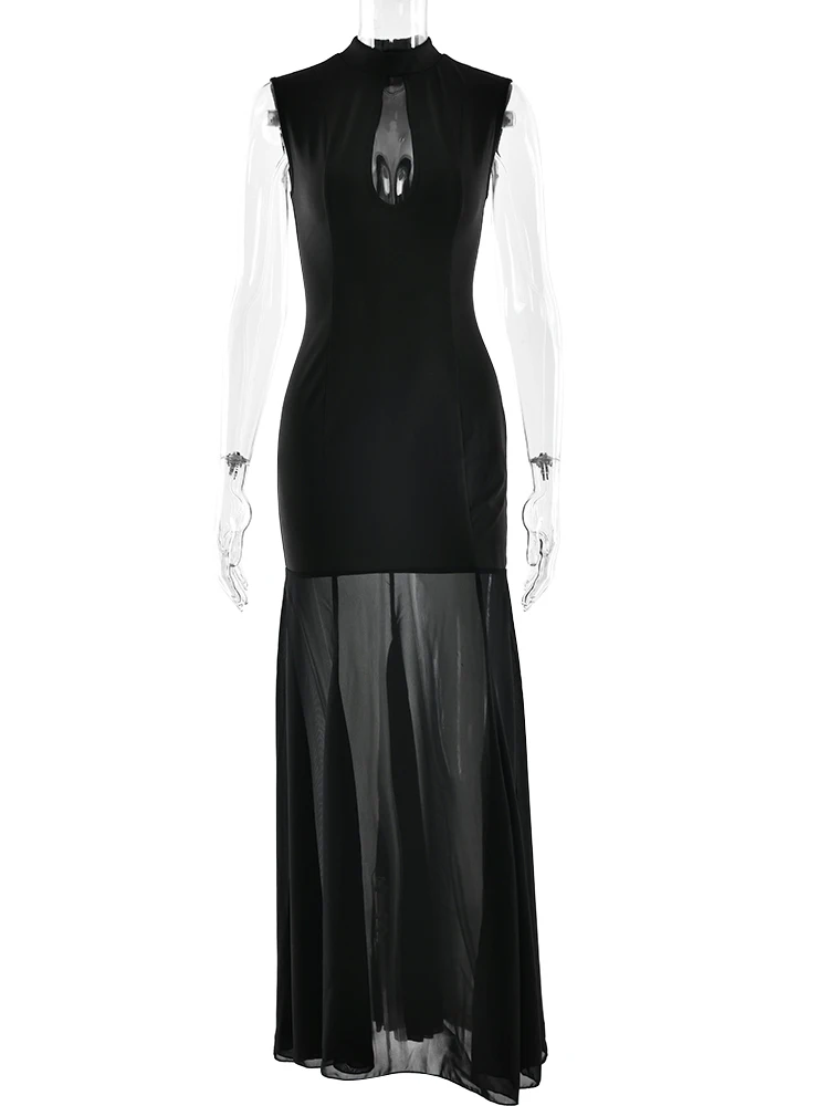 JULISSA MO Turtleneck Patchwork Sexy Hollow Out Mesh Women Maxi Dress Autumn Sleeveless See Through Elegant Party Evening Dress