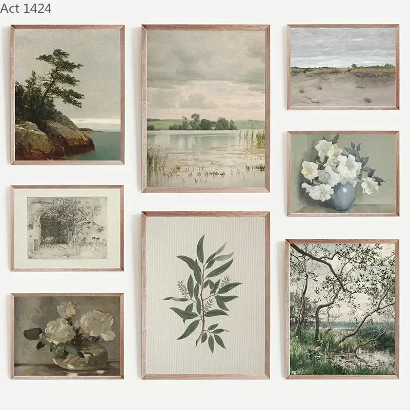 Vintage French Country Landscape Light Neutral Set Poster and Prints Canvas Painting Wall Art Floral Picture for Room Home De