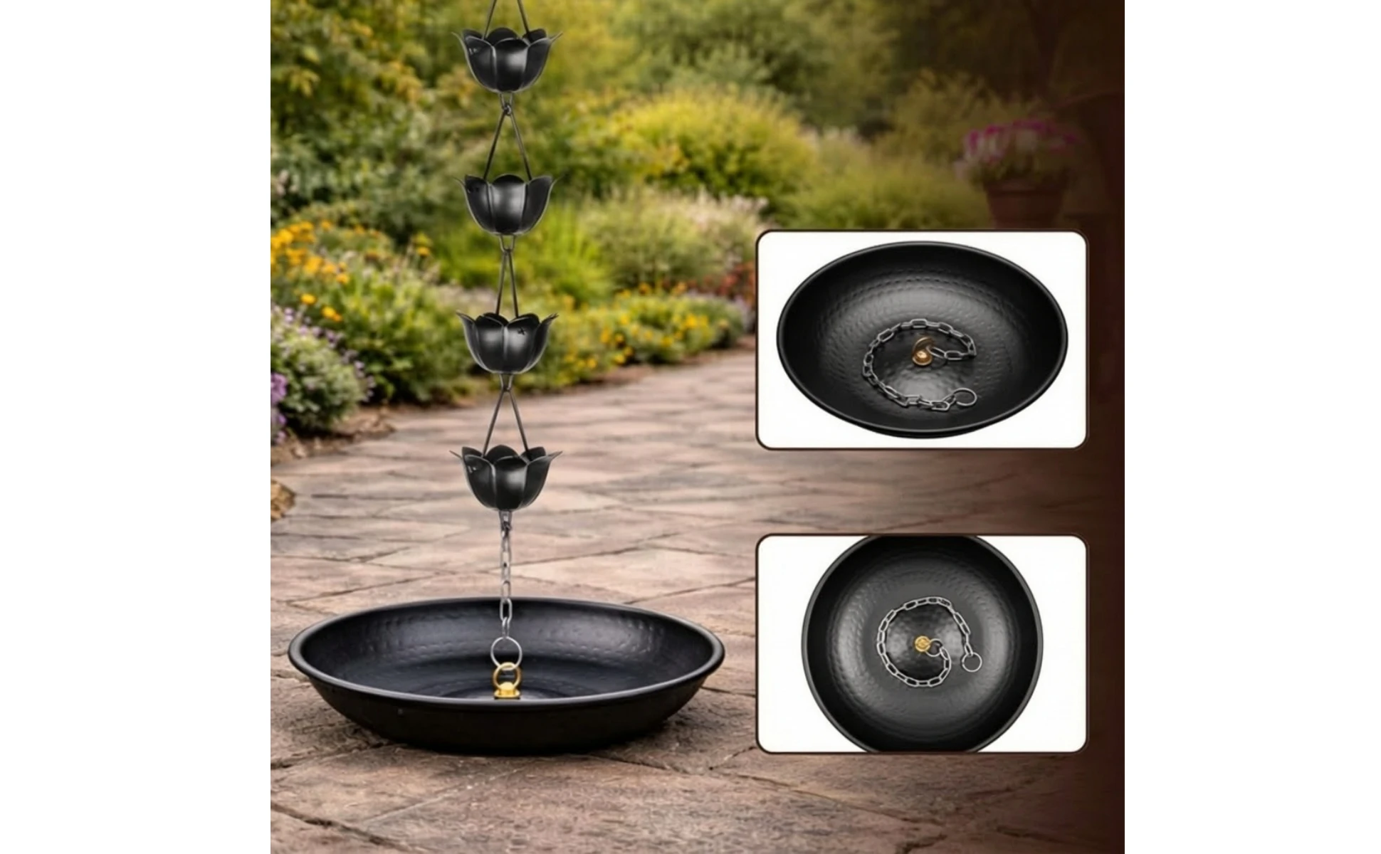 Rain Chain Basin Hand-Hammered Rain Chain Bowl Water Collection Base Weather-Resistant Heavy-Duty for Homeowners, Garden, Patio Rain Chain Basin Hand-Hammered Rain Chain Bowl Water Collection Base Weather-Resistant Heavy-Duty for Homeowners, Garden, Patio