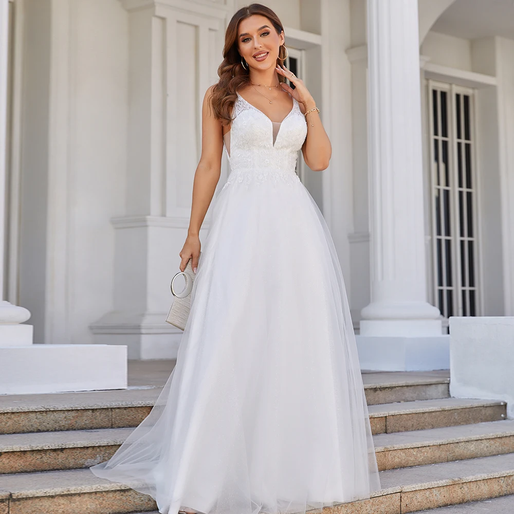 Gợi Cảm Một Dòng Áo CướI Cổ V Chân Váy Xòe Caro Ren Appliques Voan Cô Dâu Áo Hở Lưng Áo Dây De Mariee Vestidos De novia