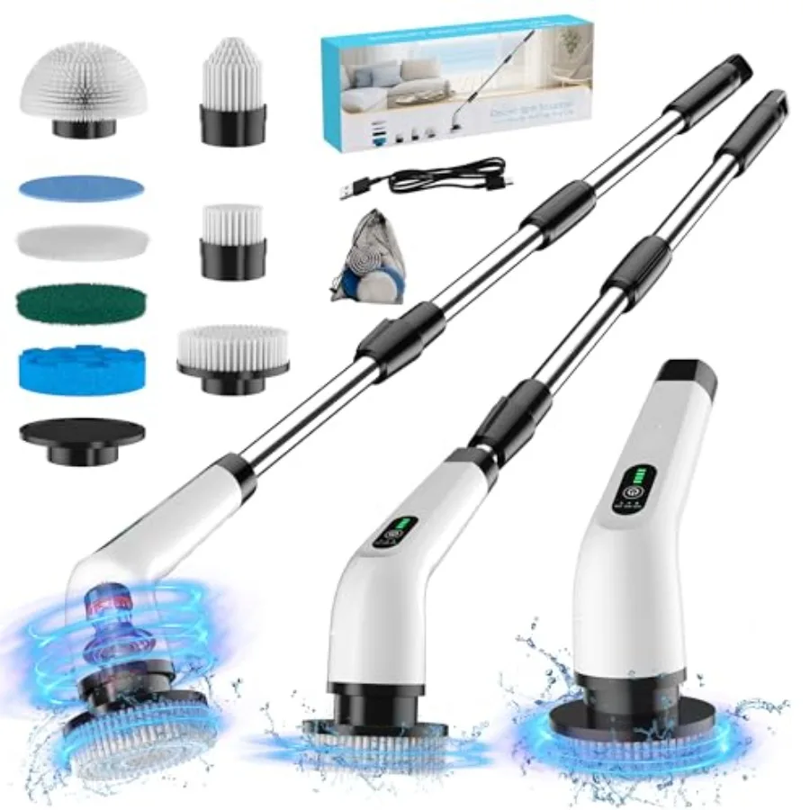 

Electric Spin Scrubber - 120Min Cordless Shower Bathroom Cleaner with 8 Brush Heads 440 RPM Power Scrubber 3-Speed and Adjustab