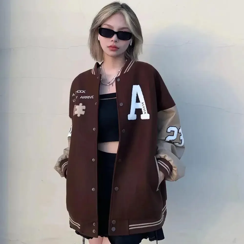 Retro Street Brown Letter Print Baseball Jacket Women\'s Autumn Loose Long-sleeved All-match Vintage Stitching Thin New Coat